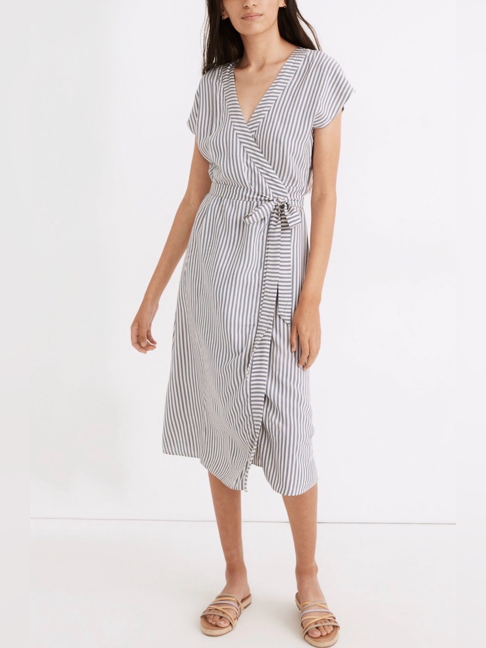 Madewell Blue & White Striped Midi Wrap Dress XL Cap Sleeve Tie Waist